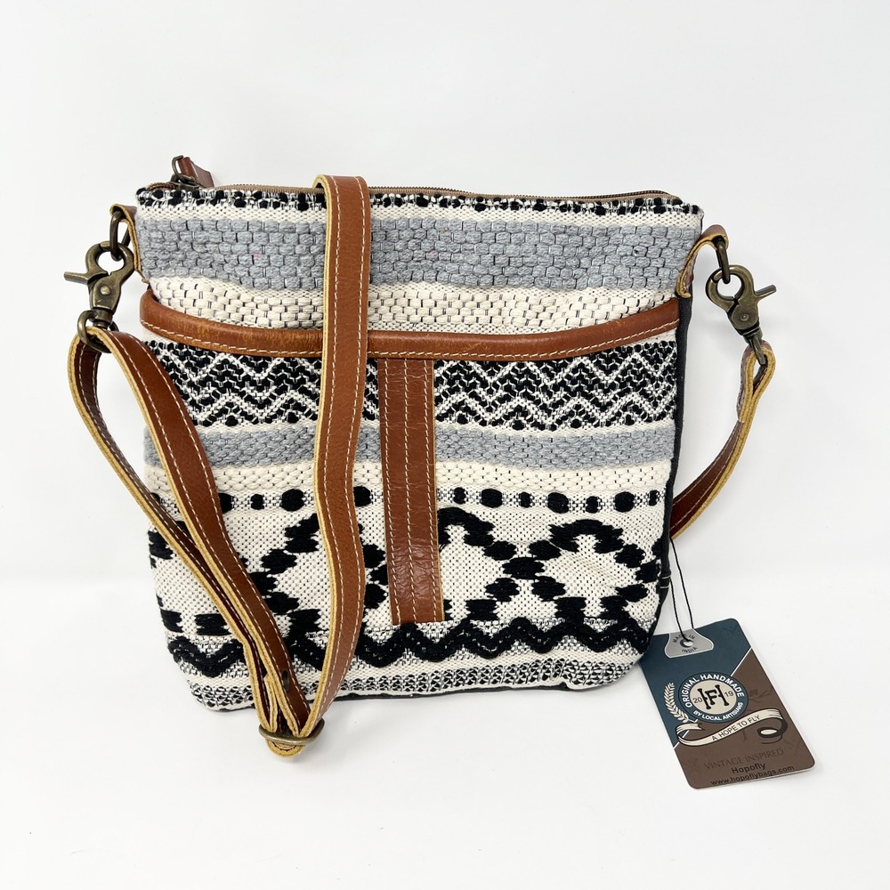 Hopofly Woven Canvas Leather Crossbody Bag Black White Geometric‎ NEW
